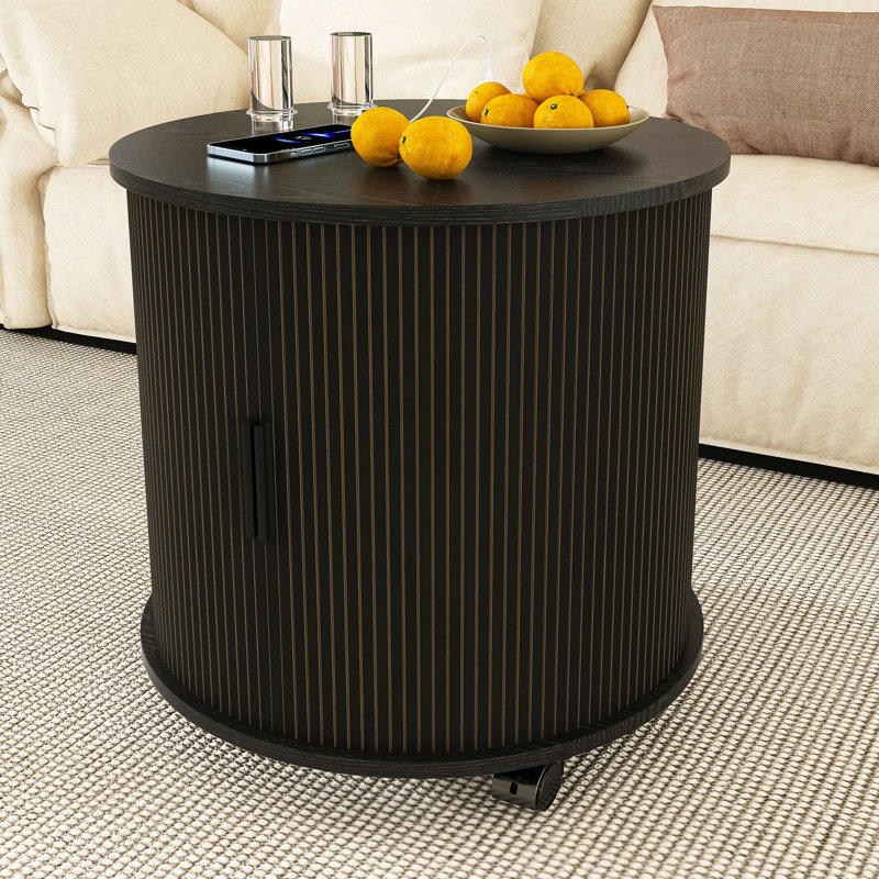 Ensemble de 2 tables de bout cylindriques de style Mid-Century moderne avec station de charge intégrée et porte coulissante, table de chevet ronde à 2 niveaux avec ports USB, table de chevet pour le salon et la chambre à coucher