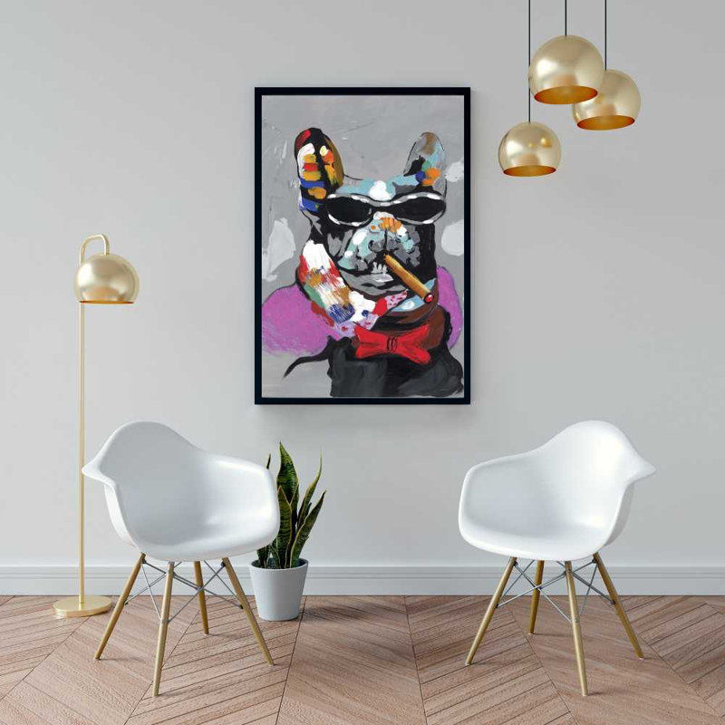 Abstrait bouledogue avec cigare, art sur toile encadré rouge