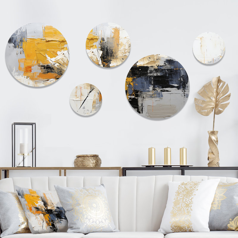 Peinture grise et jaune Elegance IV - ensemble de 5 collages abstraits ronds