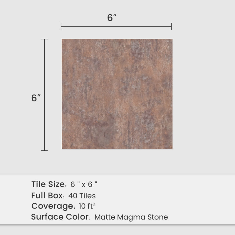 Carreau de dosseret carré 6 po x 6 po Magma Stone, 40 pièces, 10 pieds carrés