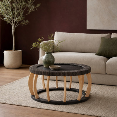 Table basse ronde ronde en bois massif de 35,43 po avec pieds courbés et table d'appoint Boho pour la salle à manger, la cuisine et le salon, brun noir