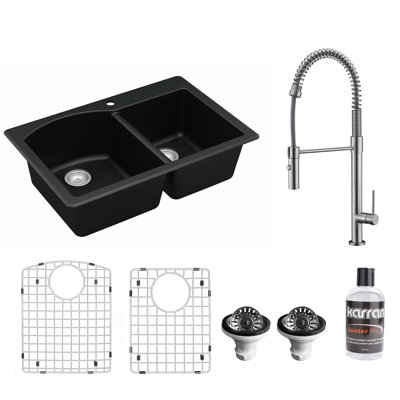 Karran Quartz 33'' X 22'' 60/40 Double Bowl Drop-in Kitchen Sink With KKF220 Faucet in Stainless Steel