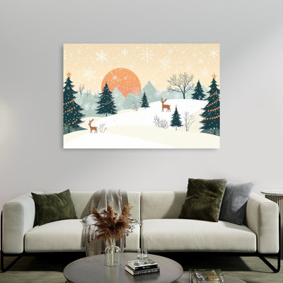 Snowy Christmas Scene Peaceful Rustic Serene Christmas Tree Deer Forest Landscape Wall Art Print by Pictufy Studio IV - Wrapped Canvas Print