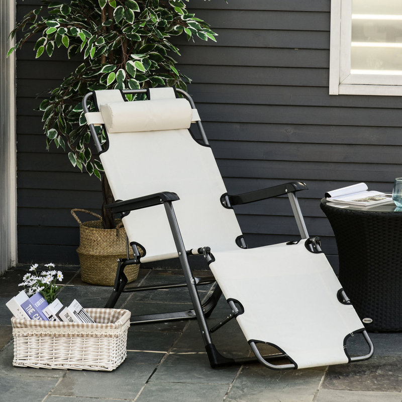 Adjustable Sun Lounger - 21 Folding Tanning Chair With Pillow & Pocket For Beach, Patio, Lawn, Deck, Comfy Cream White Beach Lounge Pocket,