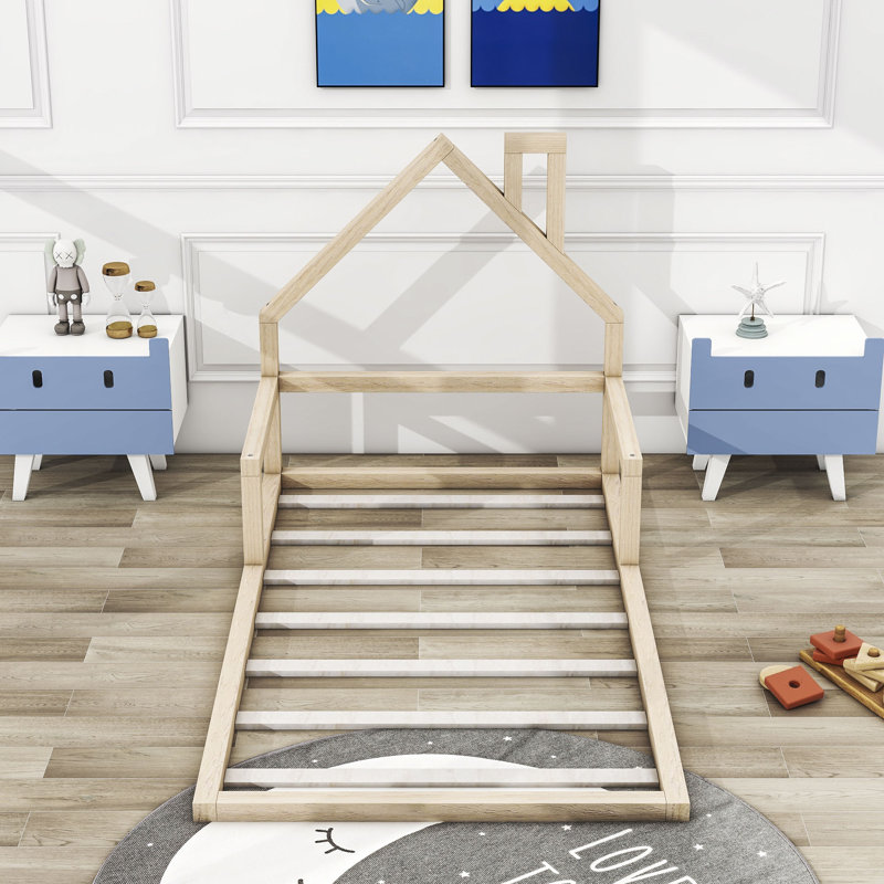 Wood Floor Bed with House-shaped Headboard, Natural, Twin