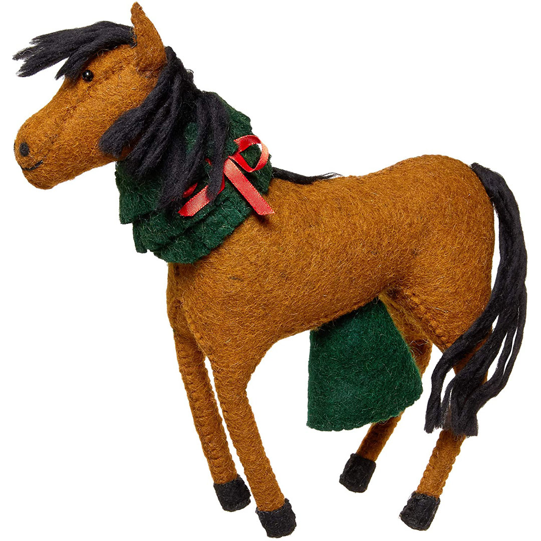 Handmade Hand Felted Wool Christmas Tree Topper - Horse with Wreath Arcadia Home