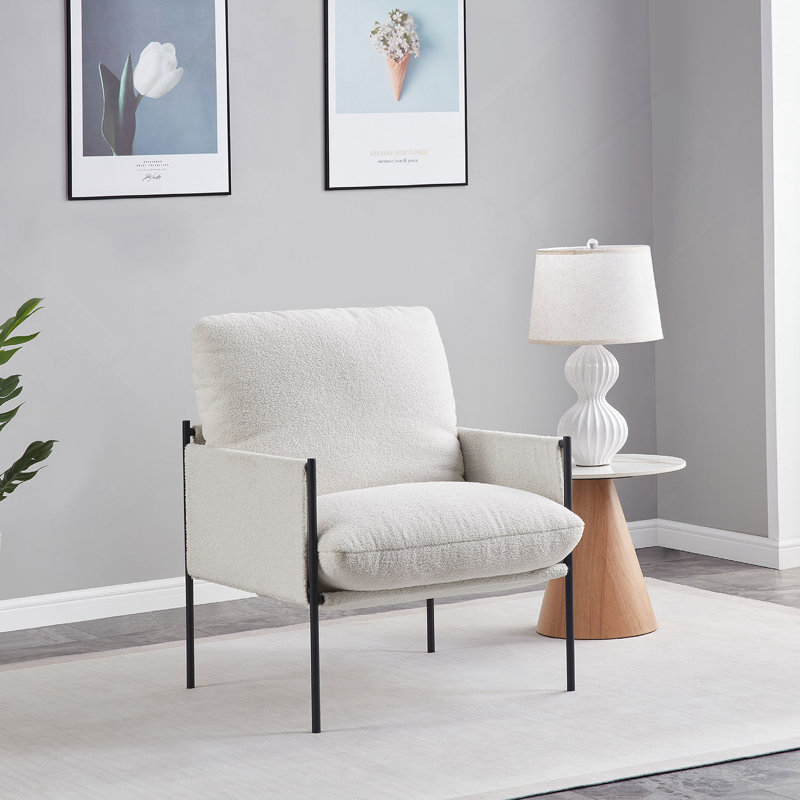 Chaise d'appoint moderne, fauteuil confortable avec coussin amovible, fauteuil de coiffeuse avec accoudoirs en bois pour le salon, la chambre à coucher, blanc
