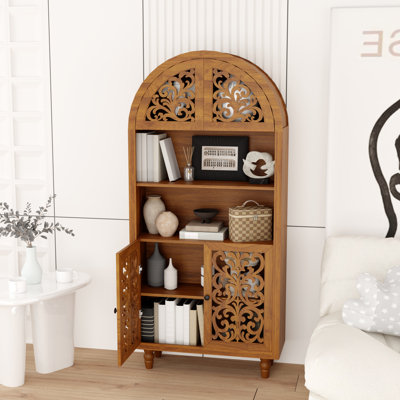 Artisan Tall Accent Cabinet with Doors and Open Shelves, Hand-Carved Arched Wood Cabinet