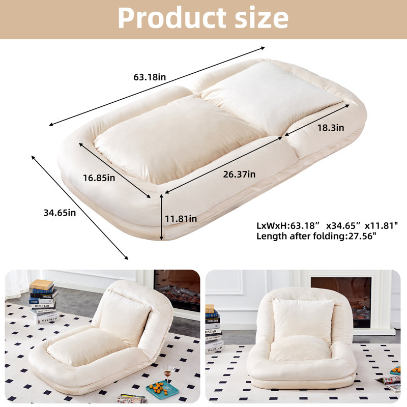 Jora Folding Upholstered Chaise Lounge with Adjustable Backrest, Beige Flannelette