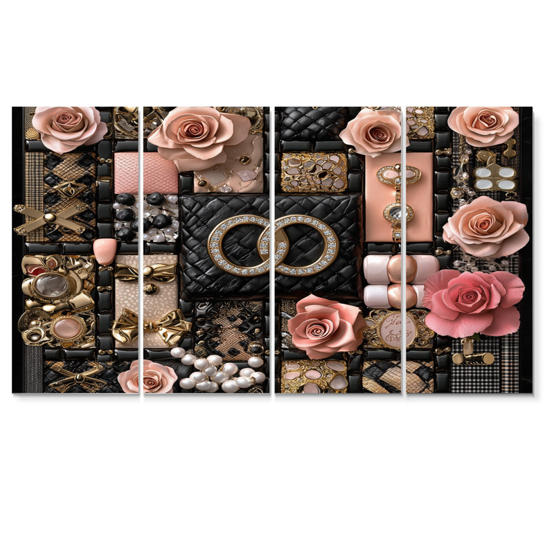 Rose et noir, motif géométrique glamour II - ensemble d'art sur toile tendance, H 32 po x l 64 po