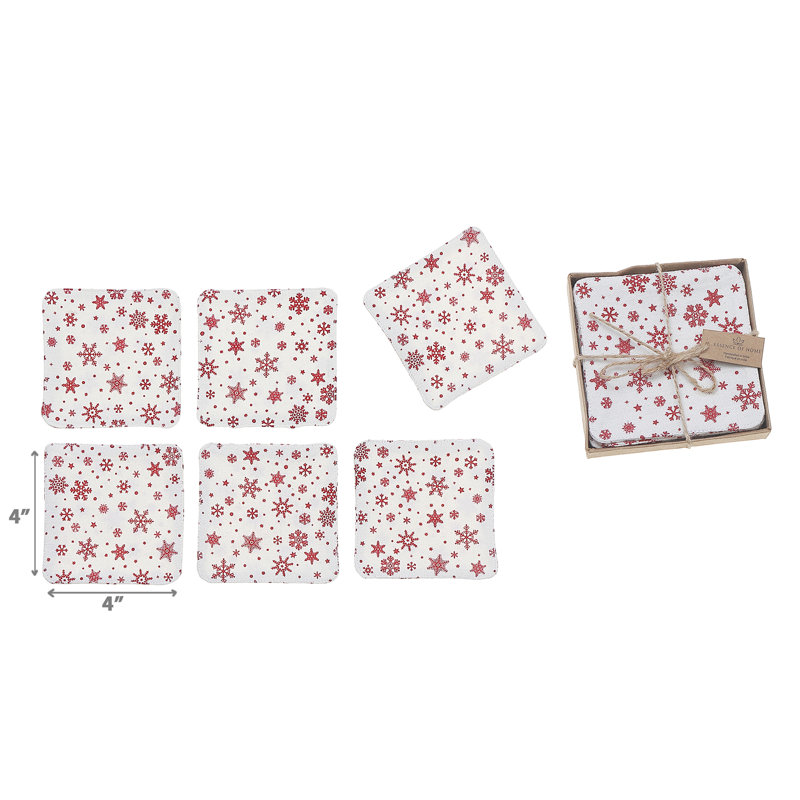 Ensemble de 6 sous-verres carrés rouges imprimés en flocons de neige, blanc