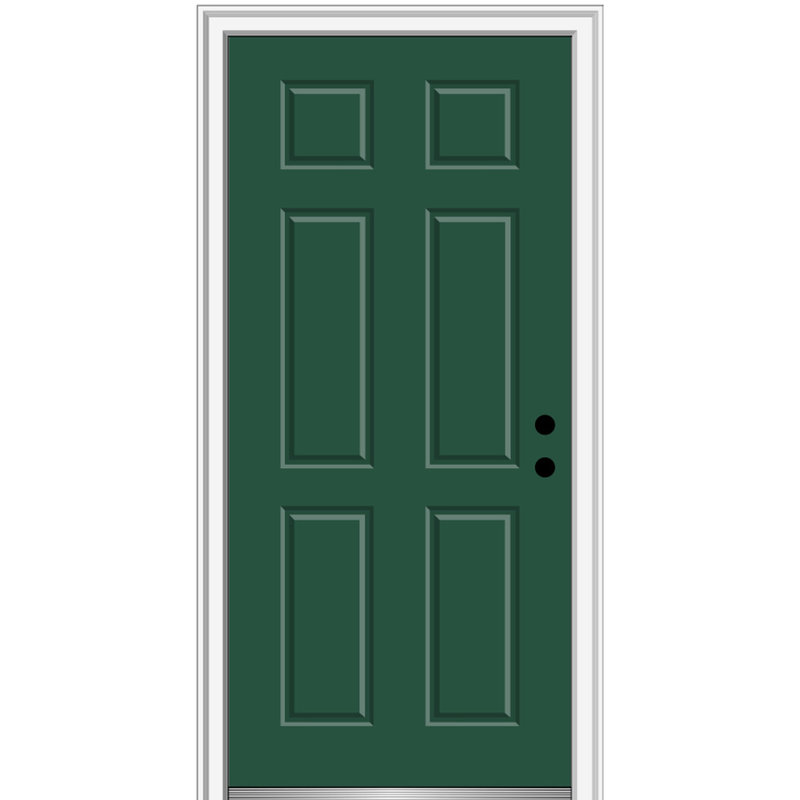 Porte extérieure simple en acier à 6 panneaux peints, H 81,75 po x l 36 po x P 2 po, Vert, S'ouvre à gauche vers l'intérieur