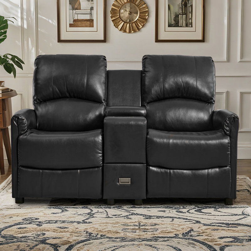 PU Leather Upholstered Manual Reclining Loveseat Sofa With Cup Holders, Black