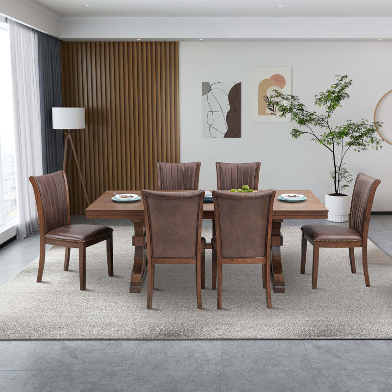 Ensemble de table de salle à manger de style Mid-Century moderne pour 7 personnes, table rectangulaire et 6 chaises de cuisine, ensemble de table de cuisine 7 pièces pour salle à manger, chaises d'appoint revêtues de similicuir 6 pièces