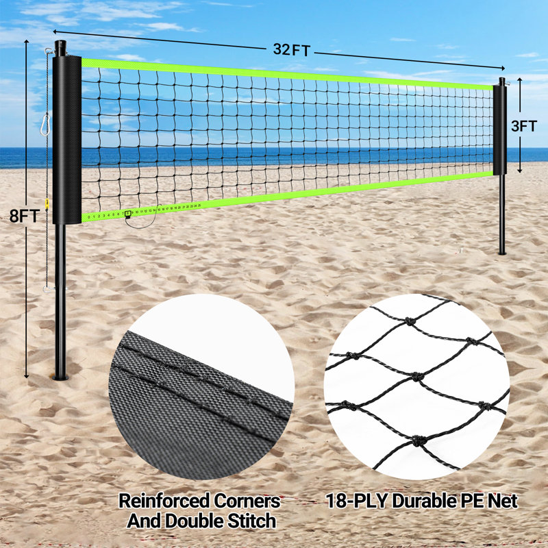 32Ft Portable Height-Adjustable Volleyball Net Set with Poles, Volleyball, Pump & Carry Bag