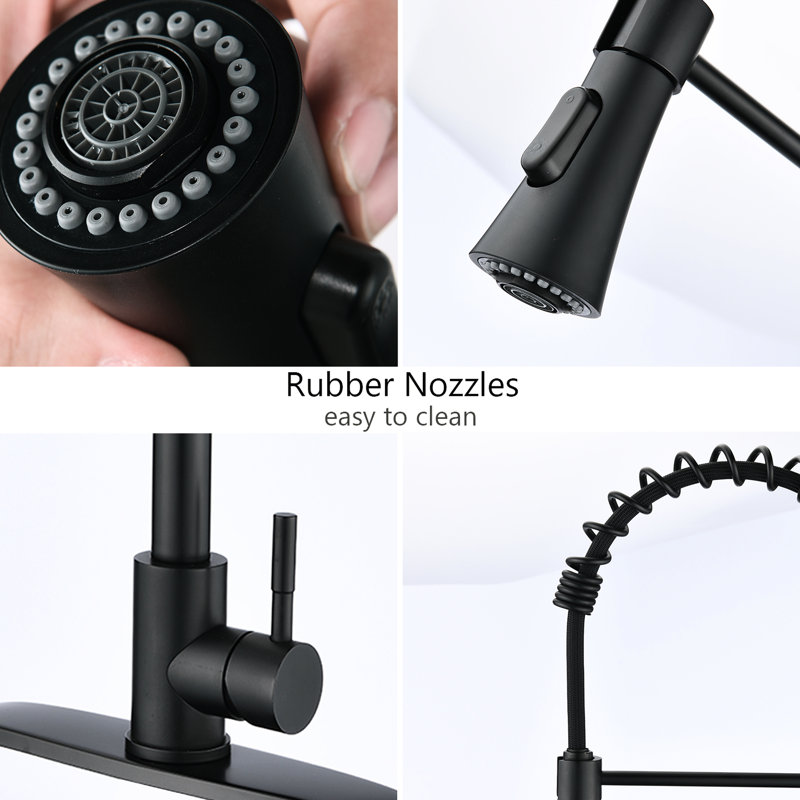 Robinet d'évier de cuisine noir mat à plaque de pont - à rouille et égratignures, tête de pulvérisation rétractable, surface commerciale en acier inoxydable à l'épreuve des égratignures 304 en acier inoxydable, débit de 1,8 gallon par minute