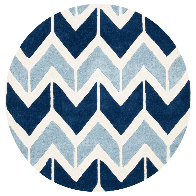 Tapis bleu foncé / bleu clair / blanc en laine touffeté à la main Sanaz, Rond 5 pi