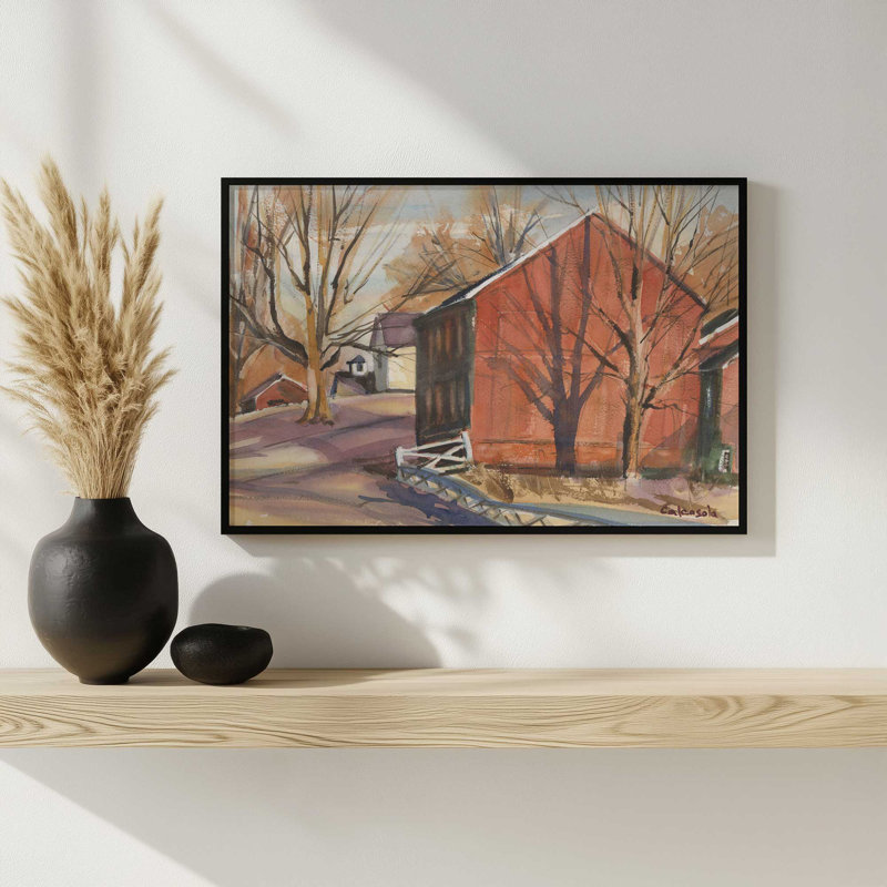 «Red Barn with Barren Trees» par Stephen Calcasola, reproduction d'art, H 12 po x l 16 po, Blanc