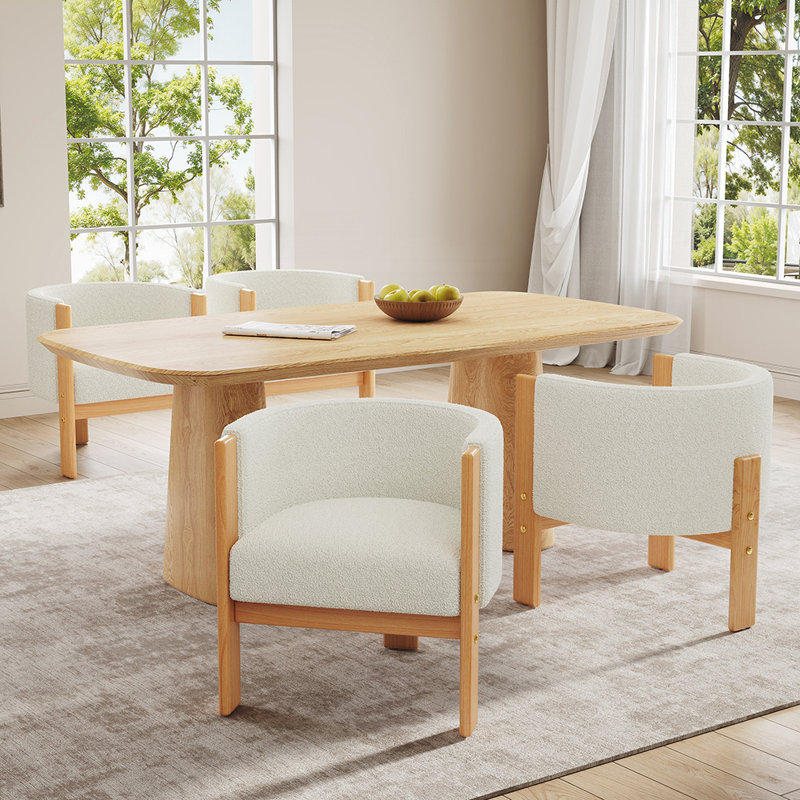 Ensemble de 4 fauteuils rembourrés en bois d'hévéa naturel et revêtement en boucle blanche douce, supportant jusqu'à 102 kg (225 lb), style moderne, idéal pour la salle à manger.