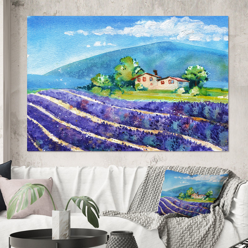 Beaux champs de lavande en fleurs avec maison - peinture sur toile, H 40 po x l 60 po, Toile tendue