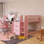Lit superposé double à structure en bois avec bureau intégré, armoires de rangement et bibliothèque ouverte-954435439