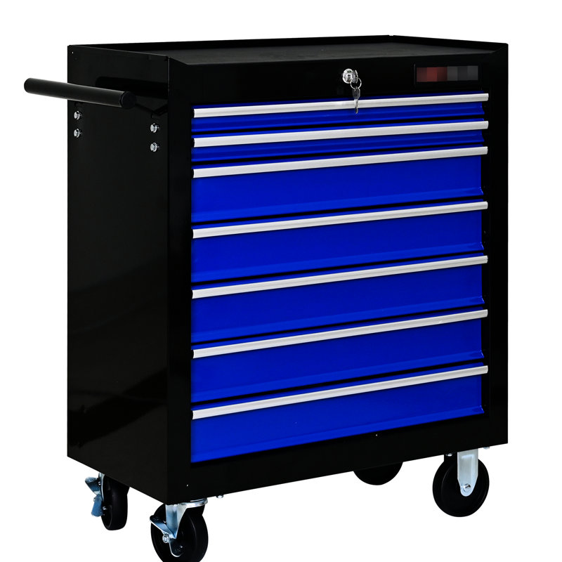 Chariot à outils multifonctionnel à 7 tiroirs - noir et bleu, acier thermolaqué, verrouillable, tiroirs à roulement, 4 avec chariot de rangement pour armoires de frein + robuste, chargement de 15 kg, glissières, 2