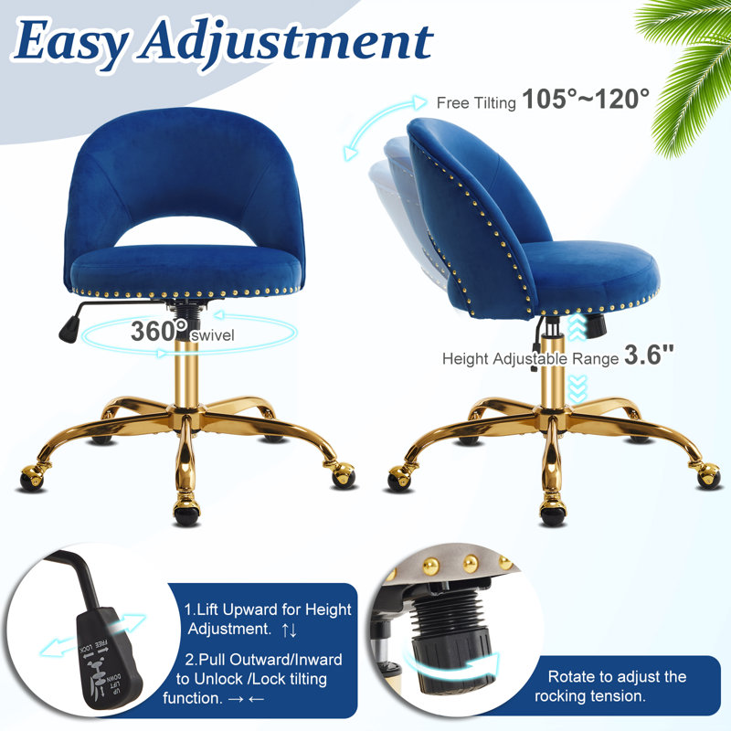 Fauteuil de bureau avec roulettes, Velours, Marine