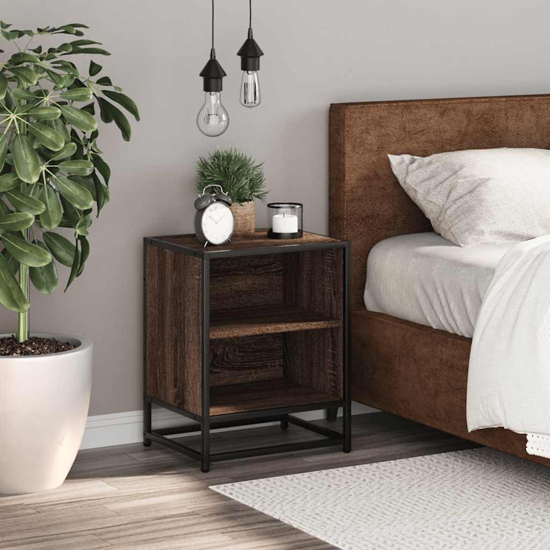 40cm W Metal Bedside Table, Brown Oak, 1