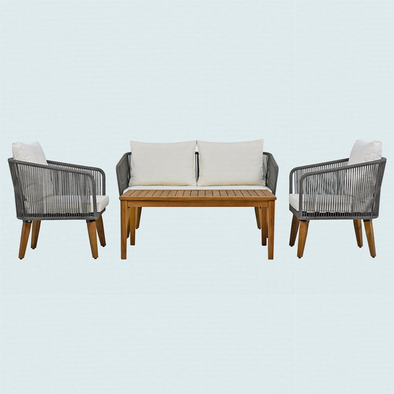 Ensemble de conversation 4 pièces pour patio, causeuse en bois massif, 2 chaises et table, ensemble de conversation extérieur