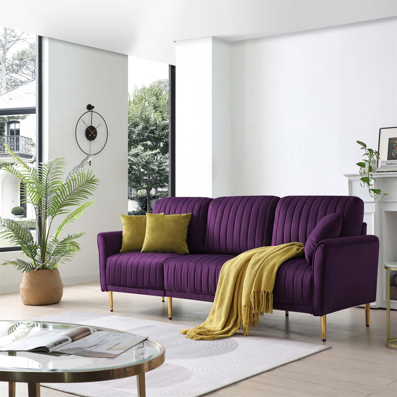 Charmant canapé en velours avec coussins décoratifs pour une vie confortable, Velours mauve, H 37 po x l 78,7 po x P 31,5 po