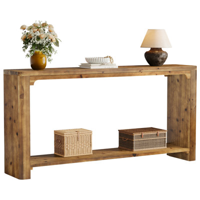 63-inch Solid Wood Console Table, 63" Farmhouse Sofa Table Entryway with 2-Tier Storage Shelf, Rustic Brown