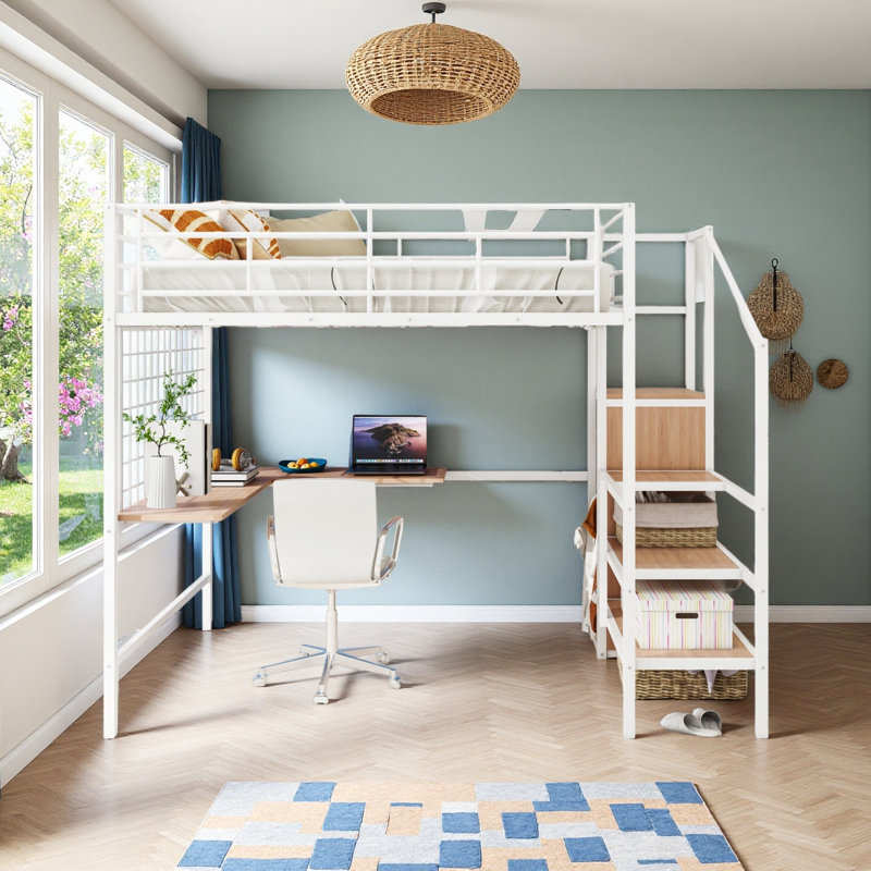 Full Size Metal Loft Bed With Built-In Desk, White