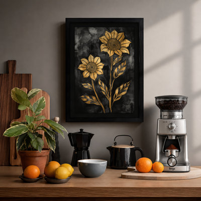 Golden Sunflowers in Shadow Botanical - Framed Print