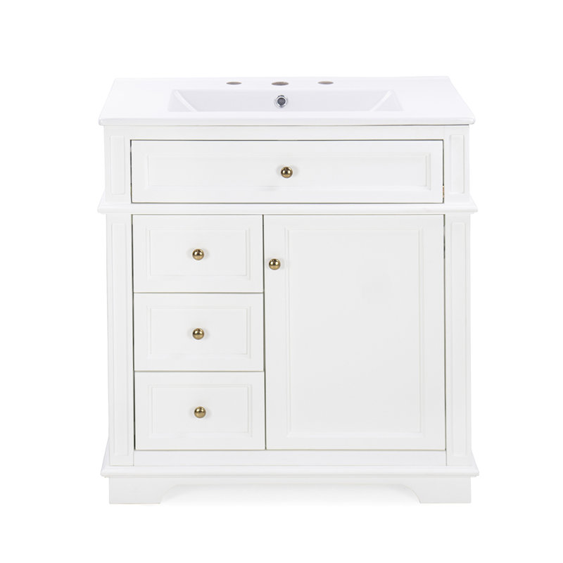Meuble-lavabo de 30 po avec lavabo, un tiroir basculant, trois tiroirs, tablette de porte, porte à fermeture douce, Blanc