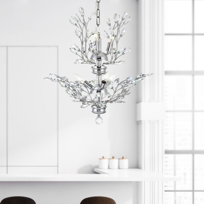 Lustre 6 lumières, finition chromée de 22 pouces de large avec des feuilles de cristal, élégant éclairage de salle à manger et de vestibule, conception de branche moderne