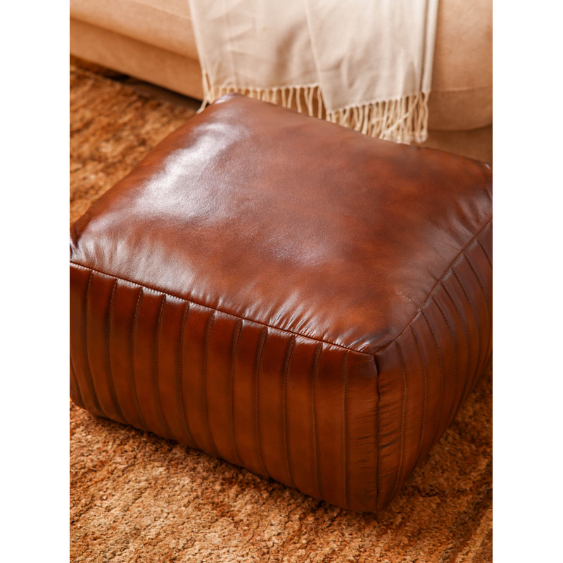 Pouf en cuir de chèvre massif fait à la main (rembourrage en coton recyclé), Brown Genuine Leather, Carrée