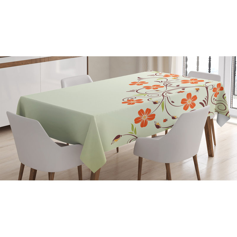 Ladybugs Tablecloth, Flower Frame With Tiny Little Ladybugs And Swirl Branches Springtime Theme, Rectangular Table Cover For Dining Room Kitchen Decor, 52" X 70", Pale Green Red