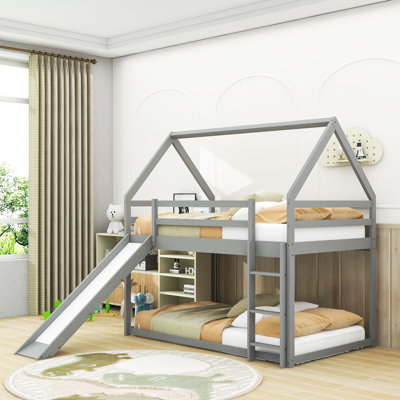 Twin Over Twin Bunk House Bed With Slide And Ladder