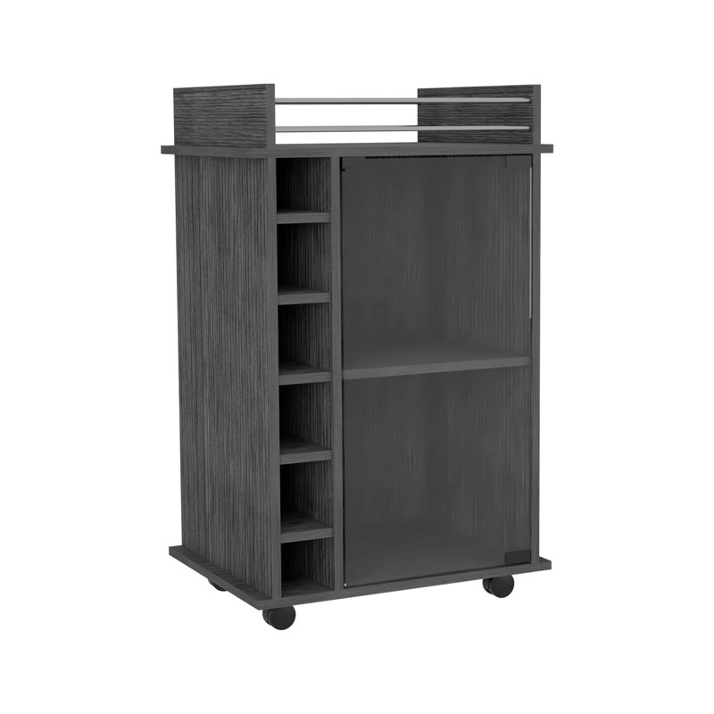Chariot-bar Dukat, deux tablettes, six supports à vin intégrés, quatre roulettes, Gris
