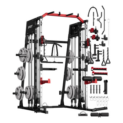 2200 LBS Smith Machine Home Gym All-in-One with Squat Rack, LAT Pulley & Dual Cable Systems,RED