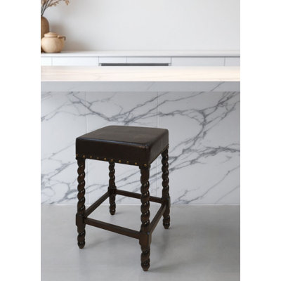 24" Black And Espresso Faux Leather And Solid Wood Backless Counter Height Bar Chair