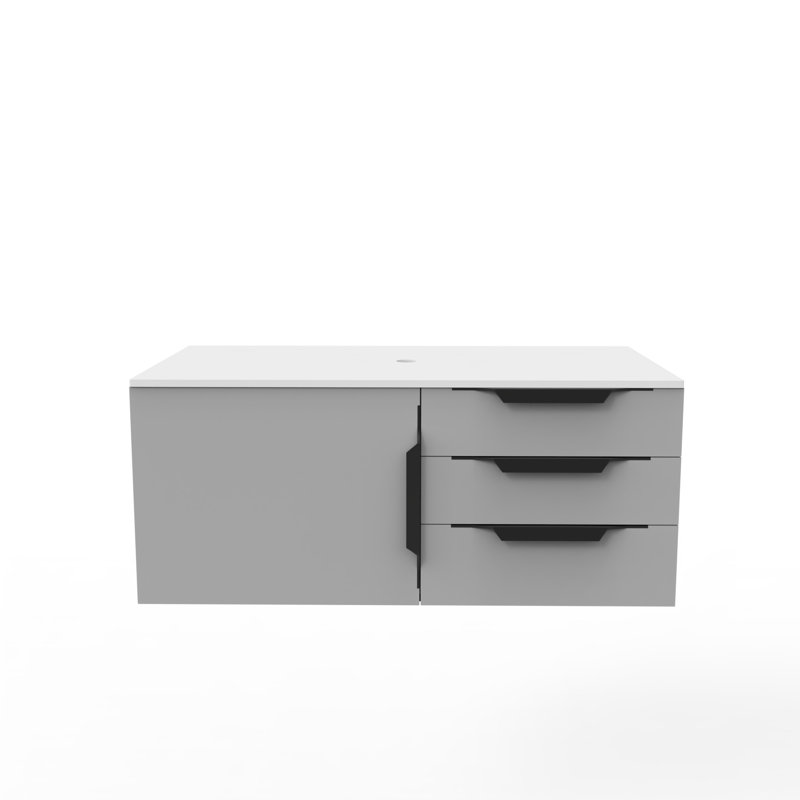 Wildsee 36" Floating Single Bathroom Black Vanity Set With Pink Tempered Glass Vessel Sink, Black Gradient, Gray