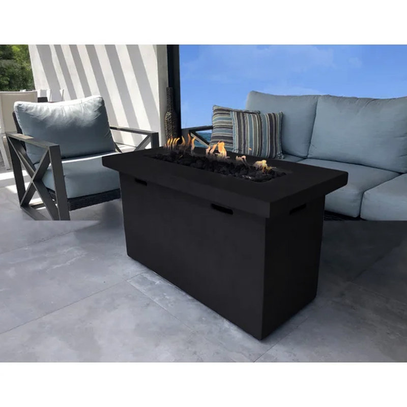 Table de foyer d'extérieur l 42 po en béton - H 25 po, style moderne, avec flamme réglable et insert de roche de lave, roches à bouton-poussoir