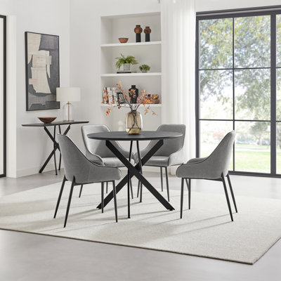 Hadlow Veneer & Metal Round Dining Table With Ophelia Fabric Chairs - Modern Statement Design