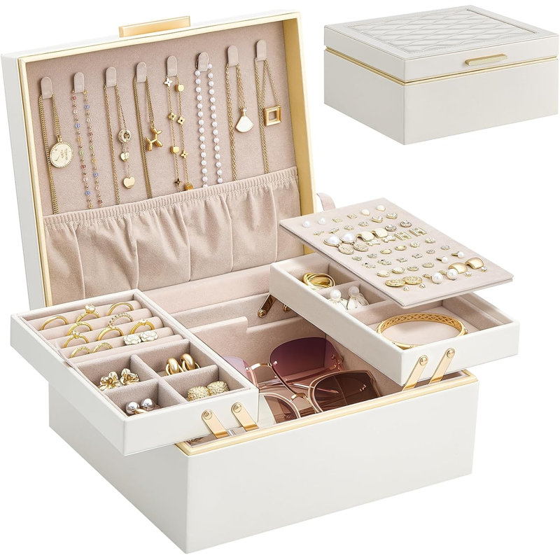 Organisateur de boîte à bijoux, étui à 2 couches pour boucles d'oreilles, Cream
