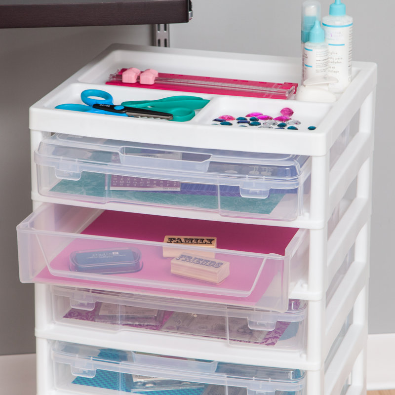 Drawer Plastic Storage Chest with Casters, White, 5