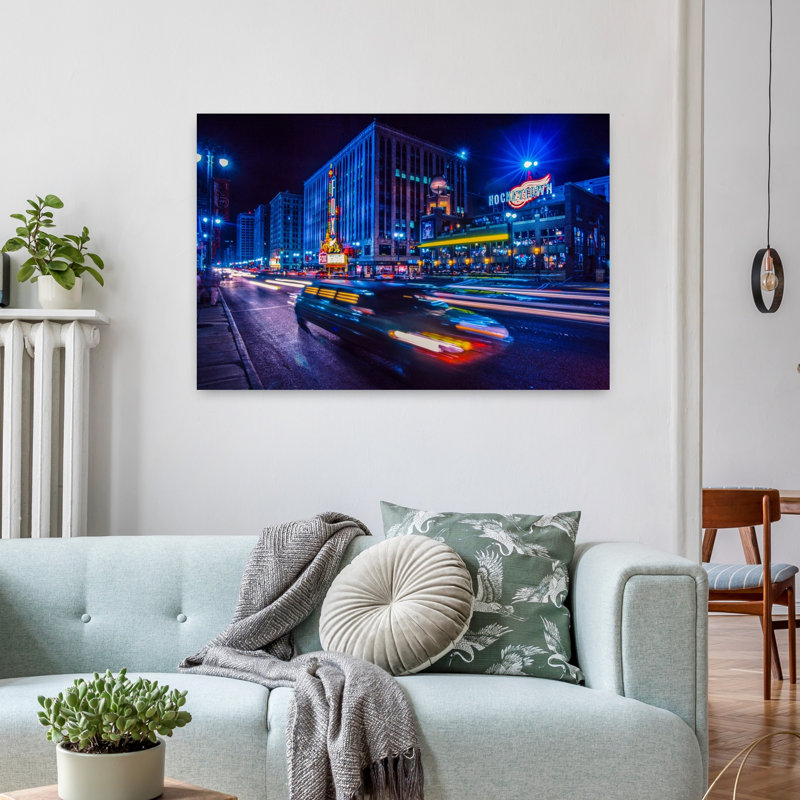 Car at night city street Woodward Avenue Downtown Detroit Michigan USA 1 Piece Wrapped Canvas Wall Art, 60.96cm H x 91.44cm W