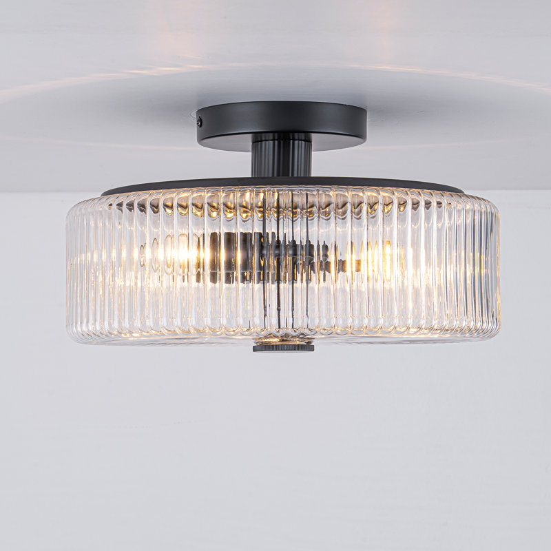 3 - Light Ribbied Glass Semi Flush Mount, Clear, Matte Black