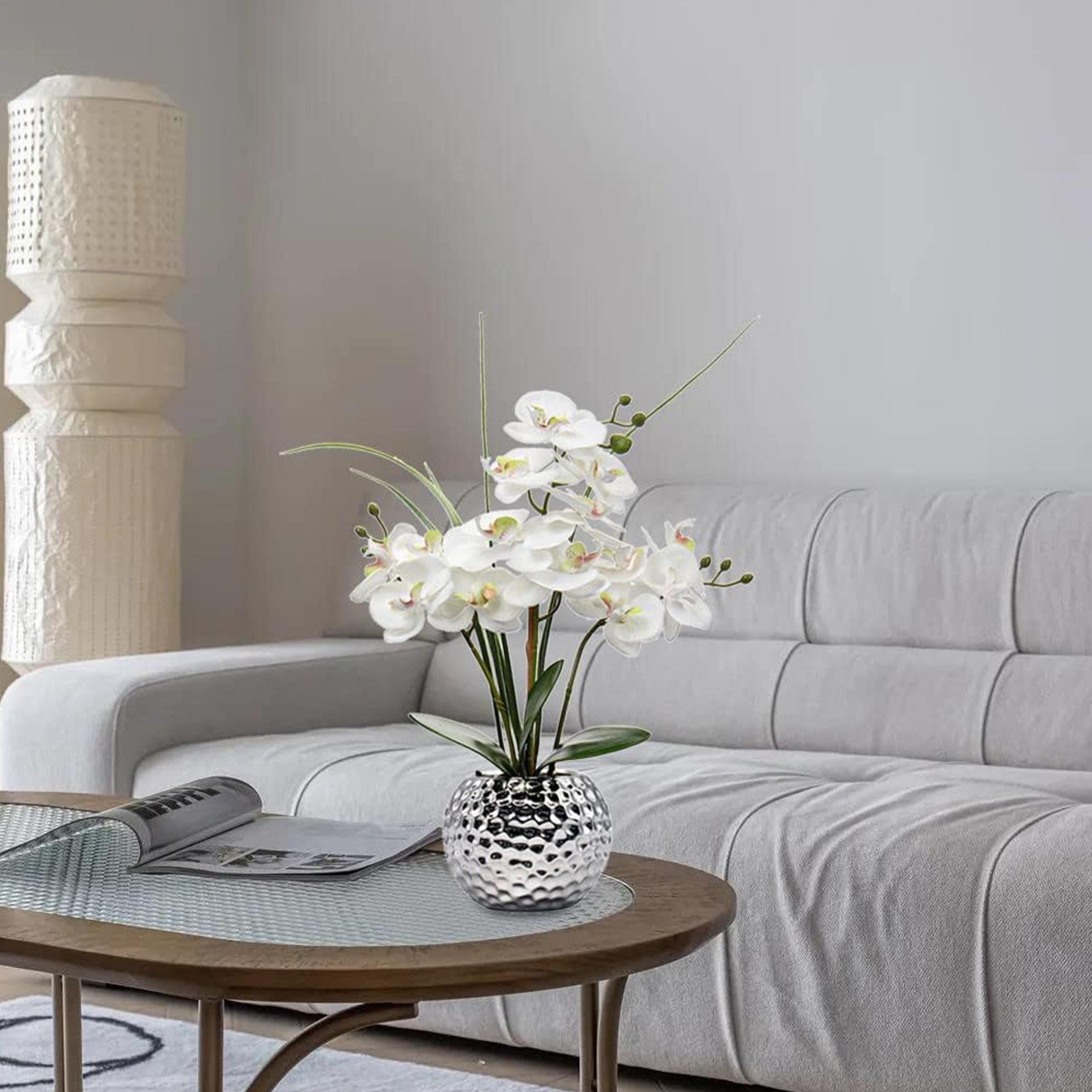 Primrue 20.8'' Faux Orchid Flower Arrangement,Silver Ceramic Vase ...