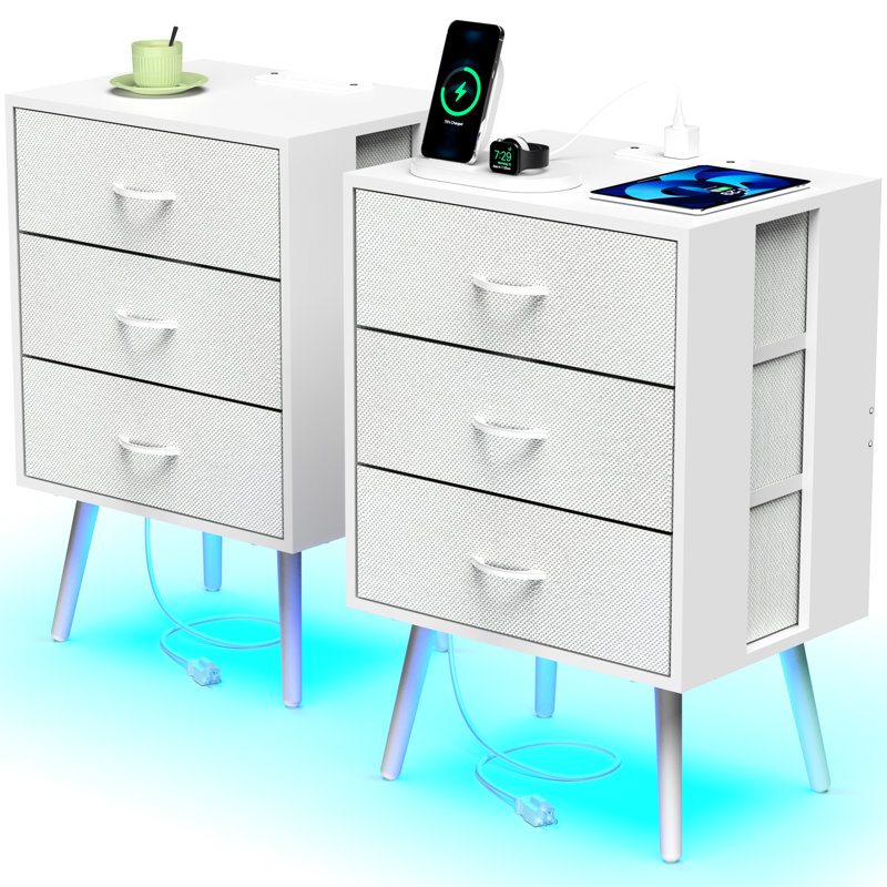 Ensemble de 2 tables de chevet modernes avec station de charge, table de chevet blanche et tiroirs en tissu, éclairage télécommandé réglable, panneau enduit pour une longue durée de vie, installation facile